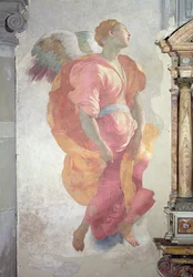 De Visitatie, detail van een engel links van het altaar, 1528-30 (fresco)